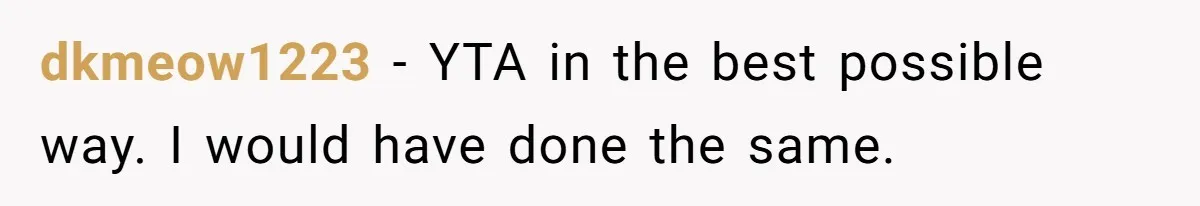 dkmeow1223 − YTA in the best possible way. I would have done the same.