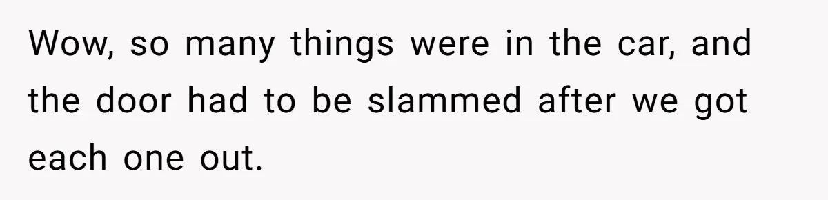Wow, so many things were in the car, and the door had to be slammed after we got each one out.