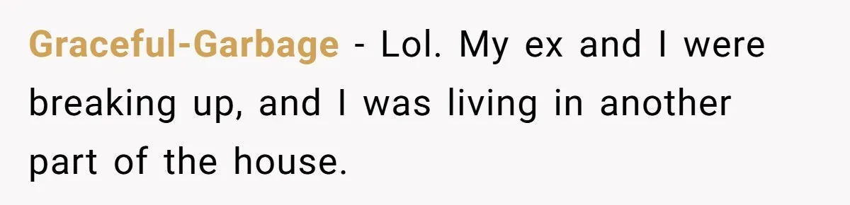 Graceful-Garbage − Lol. My ex and I were breaking up, and I was living in another part of the house.