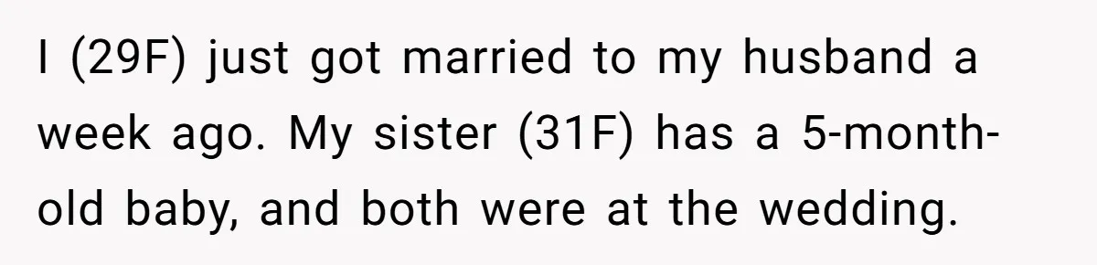 Bride Requests Videographer To Avoid Capturing Sister’s Breastfeeding, Sister Calls It ‘Neglectful’ I (29F) just got married to my husband a week ago. My sister (31F) has a 5-month-old baby, and both were at the wedding.