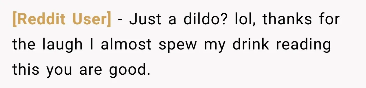 [Reddit User] − Just a dildo? lol, thanks for the laugh I almost spew my drink reading this you are good.