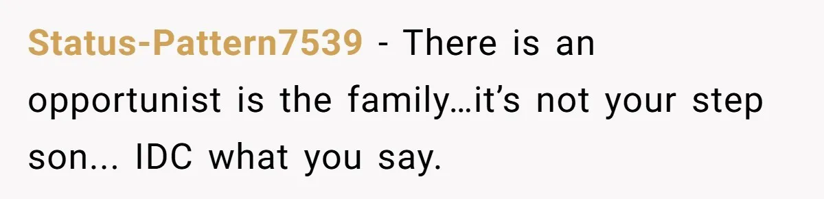 Status-Pattern7539 − There is an opportunist is the family…it’s not your step son... IDC what you say.