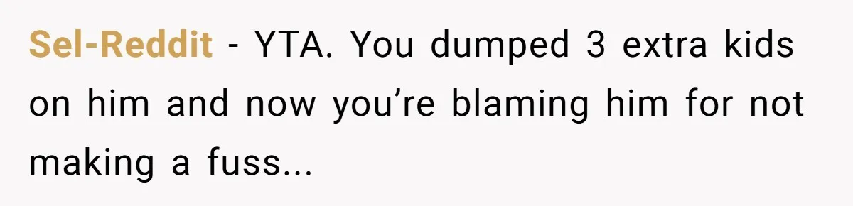 Sel-Reddit − YTA. You dumped 3 extra kids on him and now you’re blaming him for not making a fuss...