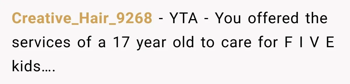 Creative_Hair_9268 − YTA - You offered the services of a 17 year old to care for F I V E kids….
