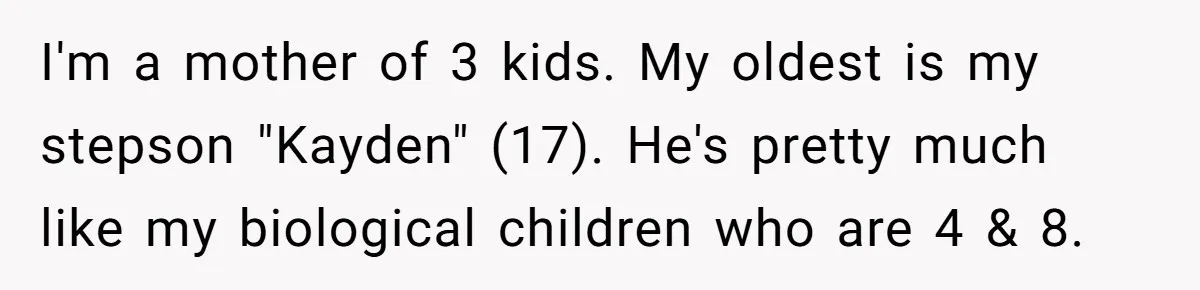 I'm a mother of 3 kids. My oldest is my stepson "Kayden" (17). He's pretty much like my biological children who are 4 & 8.