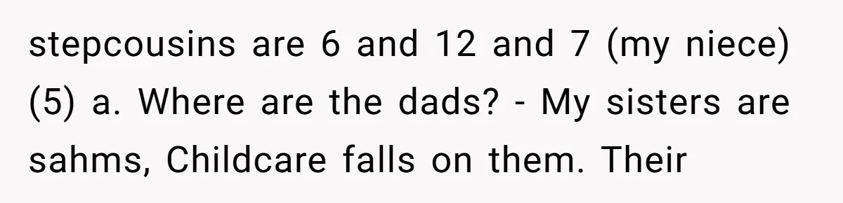 stepcousins are 6 and 12 and 7 (my niece) (5) a. Where are the dads? - My sisters are sahms, Childcare falls on them. Their