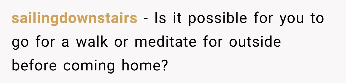 Tired Pediatric Hospice Nurse Faces Domestic Conflict Over His Need for Daily Meditation sailingdownstairs - Is it possible for you to go for a walk or meditate for outside before coming home?