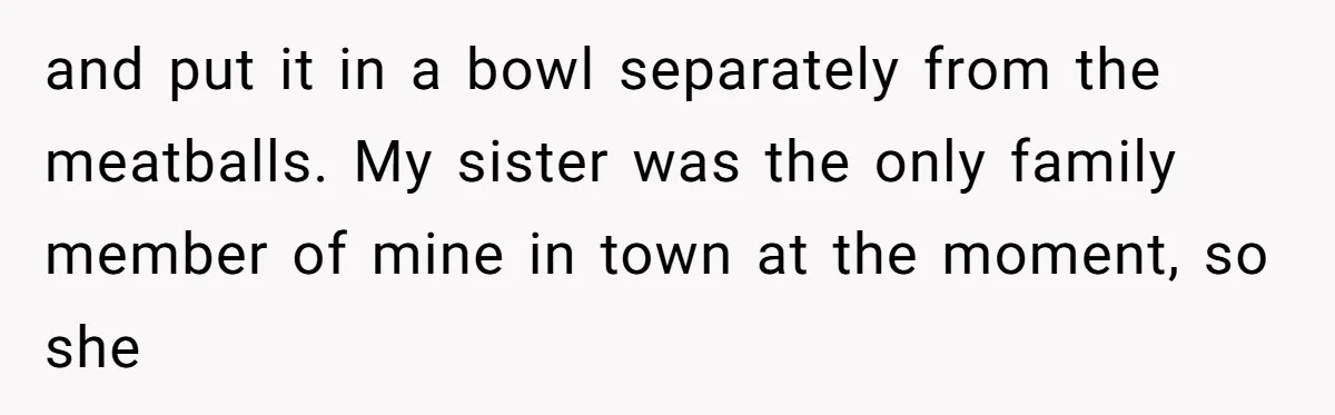 and put it in a bowl separately from the meatballs. My sister was the only family member of mine in town at the moment, so she