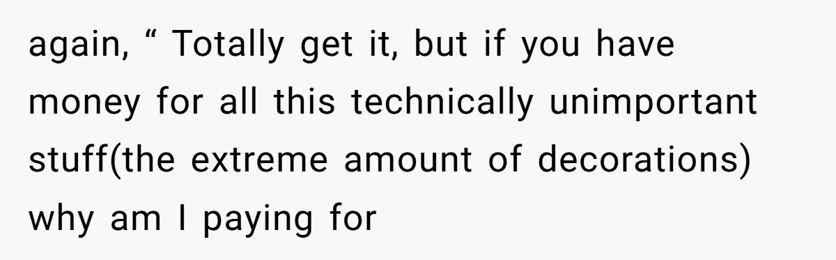 My Sister Has Savings and I Have Two Jobs, So Why Am I Buying Her Diapers? again, “ Totally get it, but if you have money for all this technically unimportant stuff(the extreme amount of decorations) why am I paying for