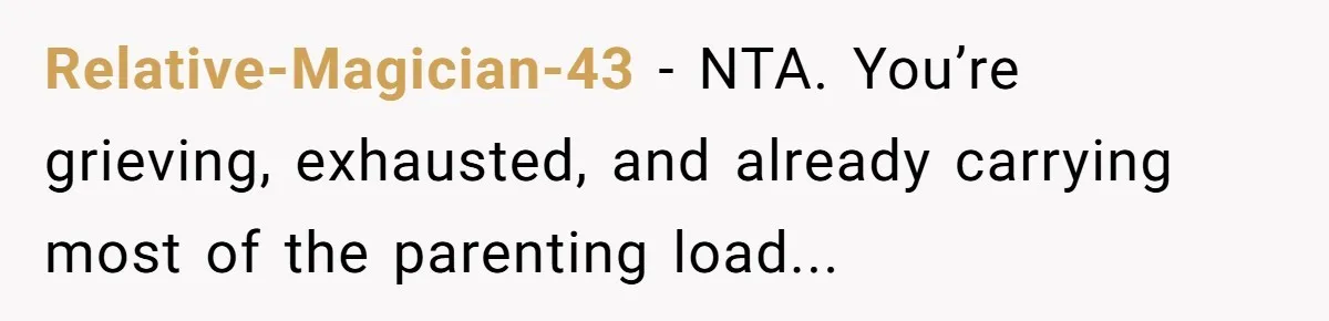 Relative-Magician-43 − NTA. You’re grieving, exhausted, and already carrying most of the parenting load...