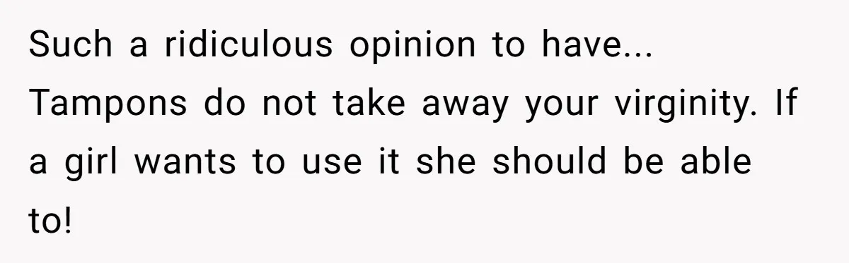 Such a ridiculous opinion to have... Tampons do not take away your virginity. If a girl wants to use it she should be able to!