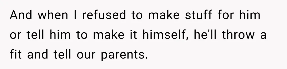 And when I refused to make stuff for him or tell him to make it himself, he'll throw a fit and tell our parents.