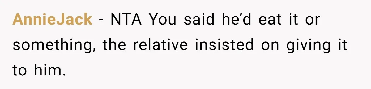 AnnieJack − NTA You said he’d eat it or something, the relative insisted on giving it to him.