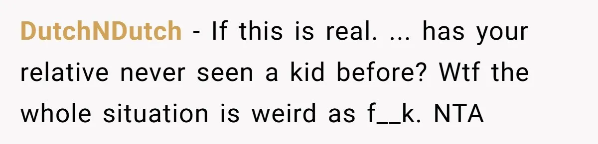 DutchNDutch − If this is real. ... has your relative never seen a kid before? Wtf the whole situation is weird as f__k. NTA