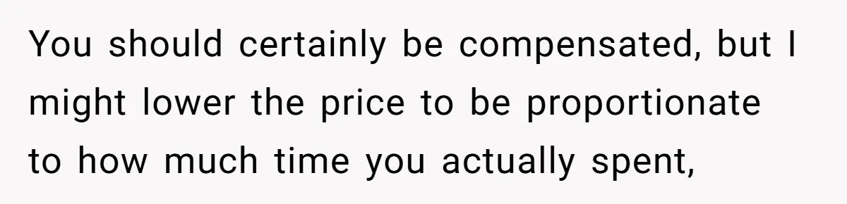 You should certainly be compensated, but I might lower the price to be proportionate to how much time you actually spent,