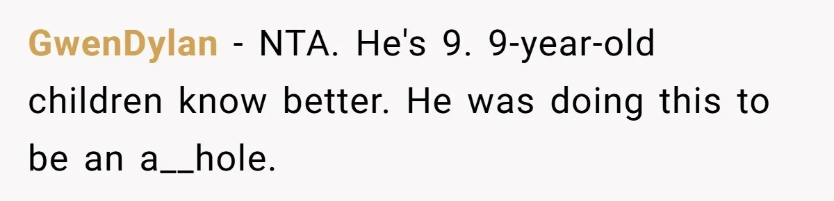 GwenDylan − NTA. He's 9. 9-year-old children know better. He was doing this to be an a__hole.