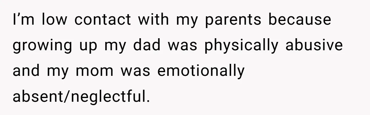 Woman Claps Back At Mom’s Criticism Of Her Boyfriend’s Gift By Calling Out Her Abusive Past I’m low contact with my parents because growing up my dad was physically abusive and my mom was emotionally absent/neglectful.