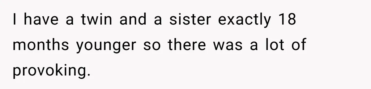 Woman Claps Back At Mom’s Criticism Of Her Boyfriend’s Gift By Calling Out Her Abusive Past I have a twin and a sister exactly 18 months younger so there was a lot of provoking.