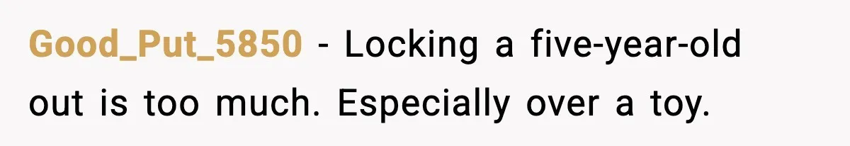 Good_Put_5850 - Locking a five-year-old out is too much. Especially over a toy.