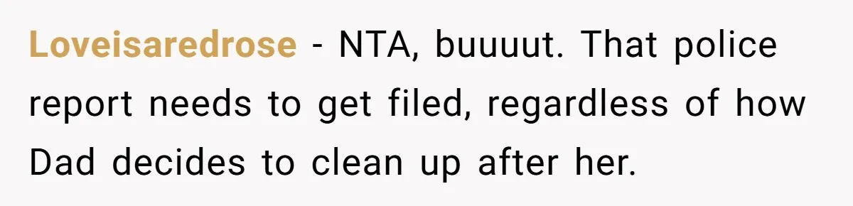 Loveisaredrose − NTA, buuuut. That police report needs to get filed, regardless of how Dad decides to clean up after her.