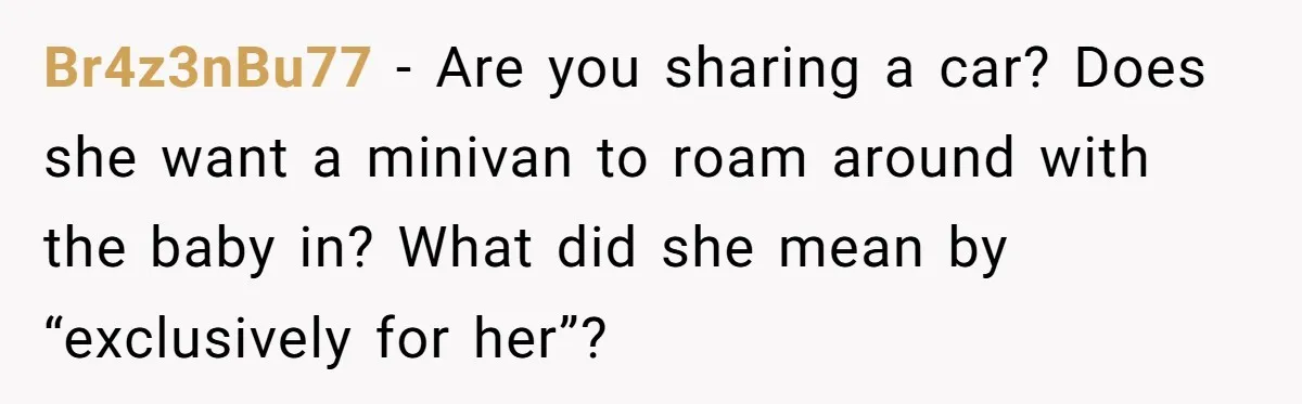 Br4z3nBu77 − Are you sharing a car? Does she want a minivan to roam around with the baby in? What did she mean by “exclusively for her”?