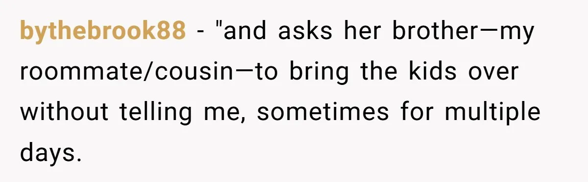 bythebrook88 − "and asks her brother—my roommate/cousin—to bring the kids over without telling me, sometimes for multiple days.
