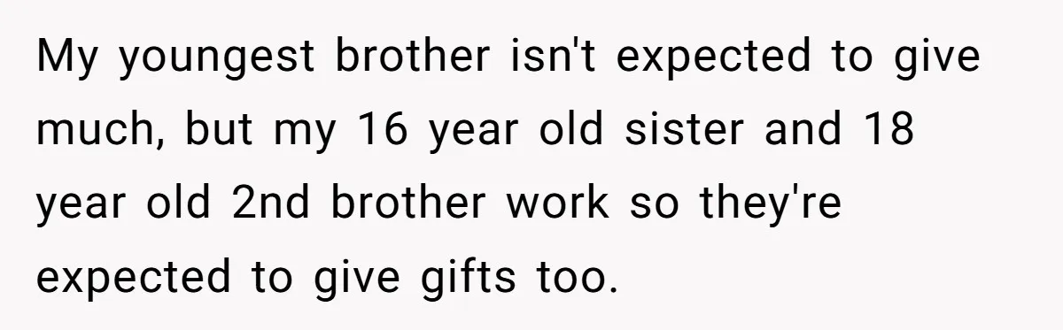 My youngest brother isn't expected to give much, but my 16 year old sister and 18 year old 2nd brother work so they're expected to give gifts too.