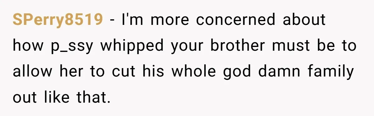 SPerry8519 − I'm more concerned about how p_ssy whipped your brother must be to allow her to cut his whole god damn family out like that.
