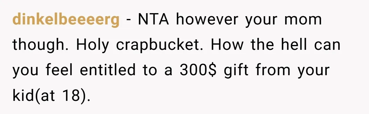 dinkelbeeeerg − NTA however your mom though. Holy crapbucket. How the hell can you feel entitled to a 300$ gift from your kid(at 18).