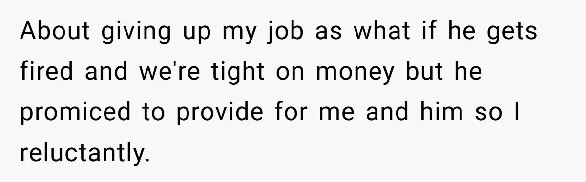 About giving up my job as what if he gets fired and we're tight on money but he promiced to provide for me and him so I reluctantly.