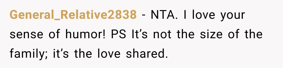 General_Relative2838 − NTA. I love your sense of humor! PS It’s not the size of the family; it’s the love shared.