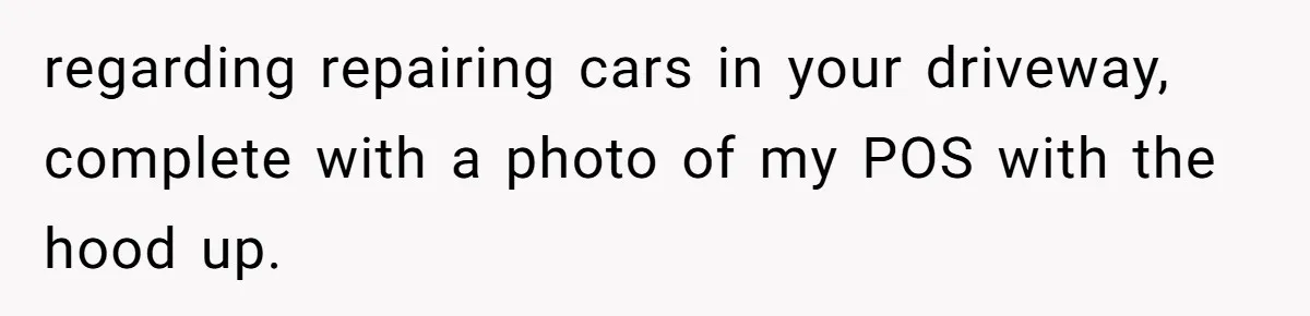 regarding repairing cars in your driveway, complete with a photo of my POS with the hood up.