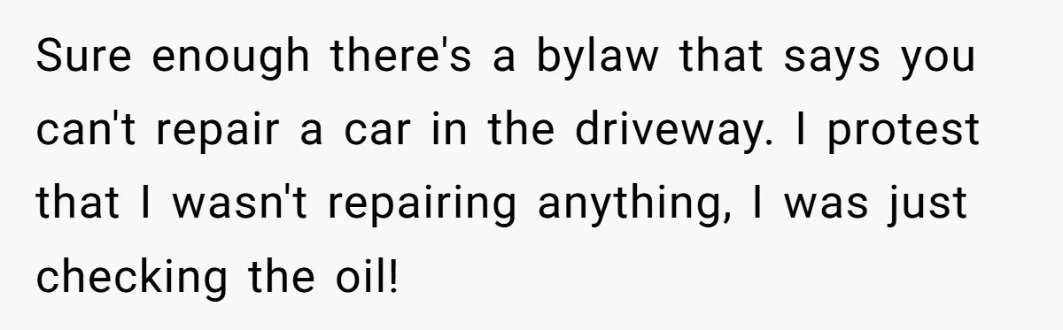 Sure enough there's a bylaw that says you can't repair a car in the driveway. I protest that I wasn't repairing anything, I was just checking the oil!