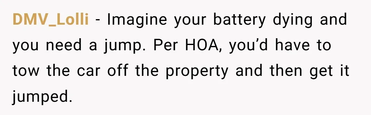 DMV_Lolli − Imagine your battery dying and you need a jump. Per HOA, you’d have to tow the car off the property and then get it jumped.