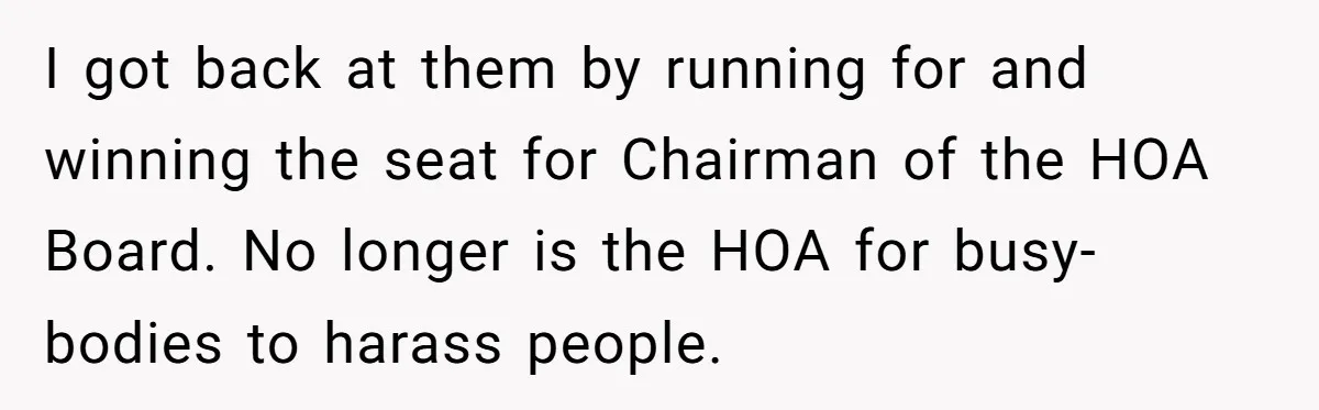I got back at them by running for and winning the seat for Chairman of the HOA Board. No longer is the HOA for busy-bodies to harass people.