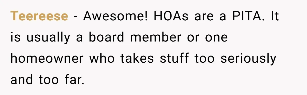 Teereese − Awesome! HOAs are a PITA. It is usually a board member or one homeowner who takes stuff too seriously and too far.