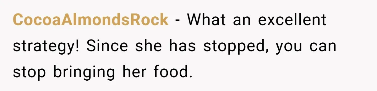 DIL Gets Tired Of MIL’s Guilt-Tripping Over Food, Her Clever Payback Leaves MIL Speechless CocoaAlmondsRock − What an excellent strategy! Since she has stopped, you can stop bringing her food.