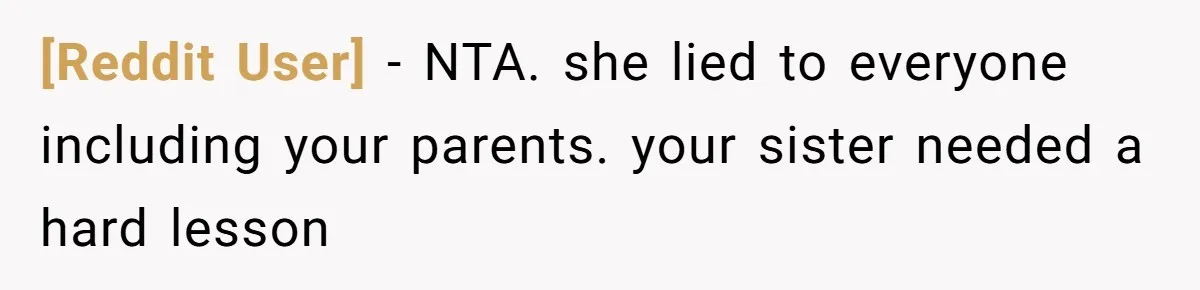 [Reddit User] − NTA. she lied to everyone including your parents. your sister needed a hard lesson