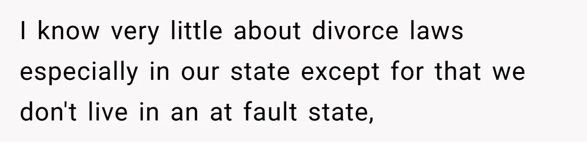 I know very little about divorce laws especially in our state except for that we don't live in an at fault state,