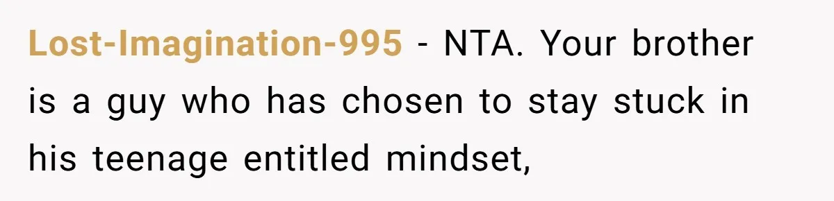 Lost-Imagination-995 − NTA. Your brother is a guy who has chosen to stay stuck in his teenage entitled mindset,