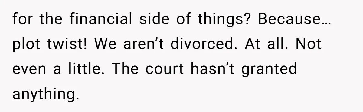 for the financial side of things? Because…plot twist! We aren’t divorced. At all. Not even a little. The court hasn’t granted anything.