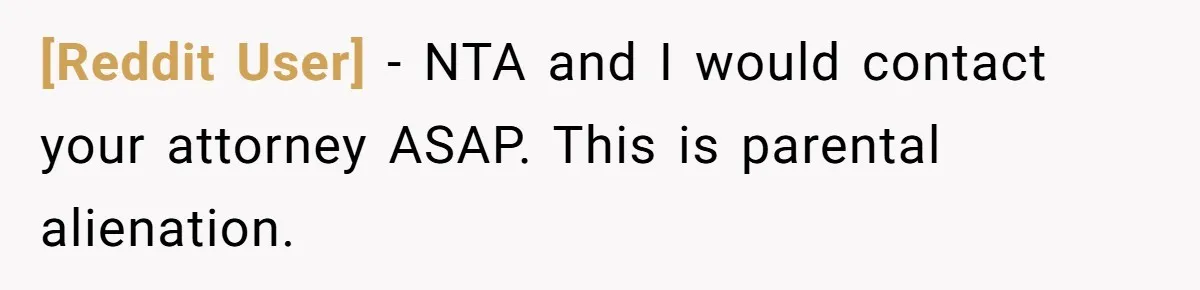 [Reddit User] − NTA and I would contact your attorney ASAP. This is parental alienation.