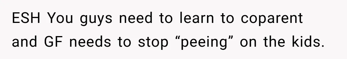 ESH You guys need to learn to coparent and GF needs to stop “peeing” on the kids.