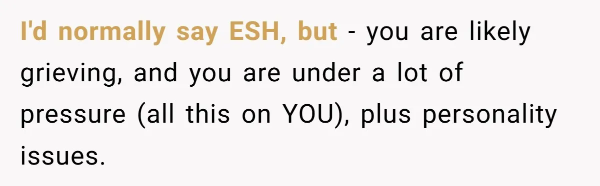 I'd normally say ESH, but - you are likely grieving, and you are under a lot of pressure (all this on YOU), plus personality issues.