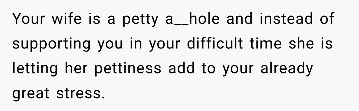 Your wife is a petty a__hole and instead of supporting you in your difficult time she is letting her pettiness add to your already great stress.