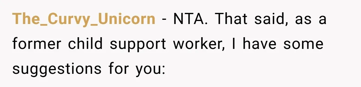 The_Curvy_Unicorn − NTA. That said, as a former child support worker, I have some suggestions for you: