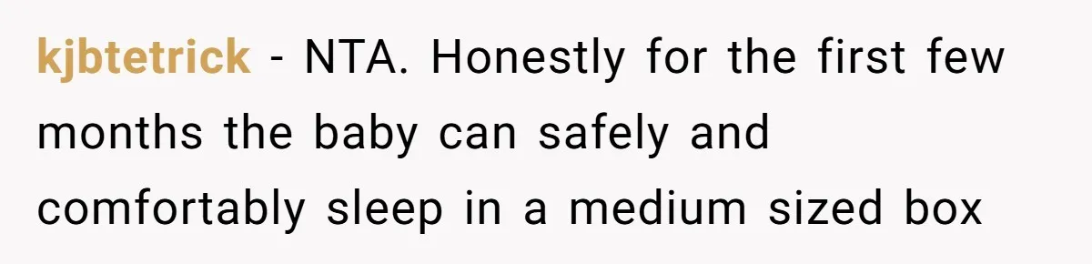 kjbtetrick − NTA. Honestly for the first few months the baby can safely and comfortably sleep in a medium sized box