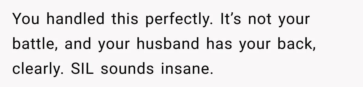 You handled this perfectly. It’s not your battle, and your husband has your back, clearly. SIL sounds insane.