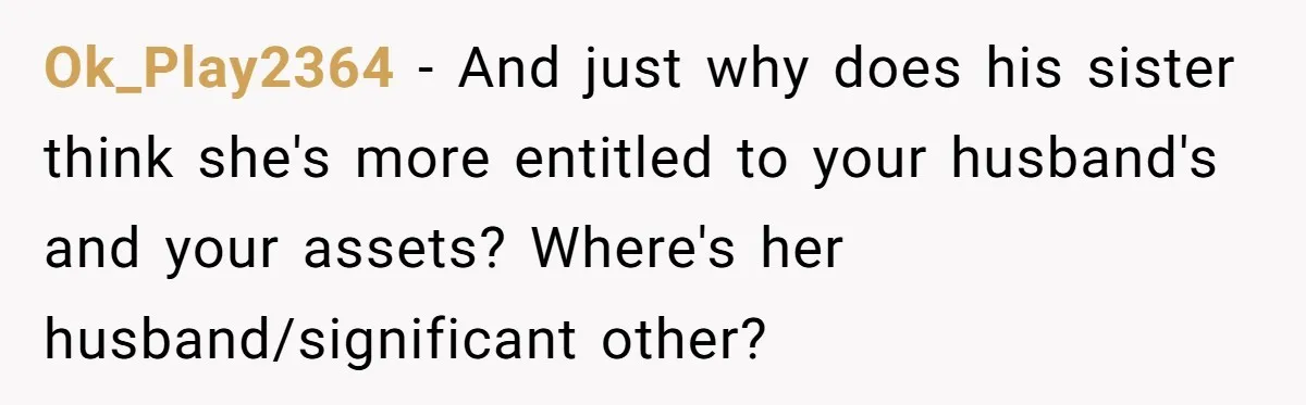 Ok_Play2364 − And just why does his sister think she's more entitled to your husband's and your assets? Where's her husband/significant other?
