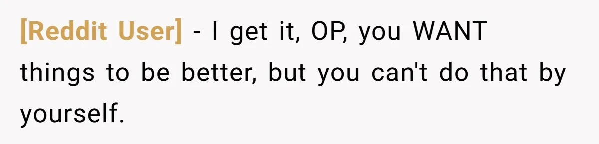 [Reddit User] − I get it, OP, you WANT things to be better, but you can't do that by yourself.